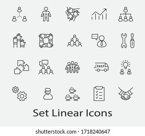 Set von Vektorliniensymbolen für Teamarbeit. Enthält solche Symbole wie Handshake, Check, Idea, Kaffee, Zahnräder, Zusammenarbeit, Zusammenarbeit, Teamtreffen und mehr. Bearbeitbarer Stroke. 32 x 32 Pixel