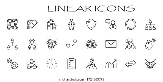 Set of Team Work Related Vector Line Icons. Contains such Icons as Handshake, Check, Idea, Coffee, Gears, Cooperation, Collaboration, Team Meeting and more. Editable Stroke. 32x32 Pixels