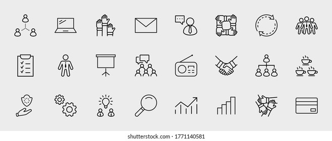 Set von Vektorliniensymbolen für Teamarbeit. Enthält solche Symbole wie Handshake, Check, Idea, Kaffee, Zahnräder, Zusammenarbeit, Zusammenarbeit, Teamtreffen und mehr. Bearbeitbarer Stroke. 32 x 32 Pixel