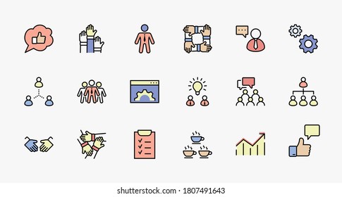 Conjunto de iconos de línea de vectores relacionados con el trabajo en equipo. Contiene iconos como apretón de manos, cheque, idea, café, engranajes, cooperación, colaboración, reunión de equipo y más. Stroke editable. 32x32 Perfecto para píxeles
