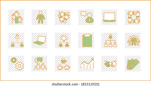 Set of Team Work Related Vector Line Icons. Contains such Icons as Handshake, Check, Idea, Coffee, Gears, Cooperation, Collaboration, Team Meeting and more. Editable Stroke. Pixel Perfect