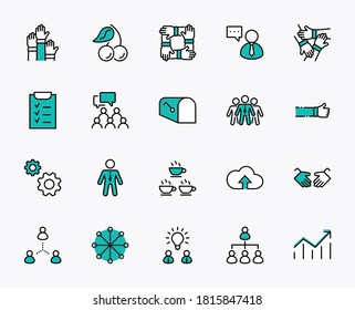 Set of Team Work Related Vector Line Icons. Contains such Icons as Handshake, Check, Idea, Coffee, Gears, Cooperation, Collaboration, Team Meeting and more. Editable Stroke. 32x32 Pixel Perfect