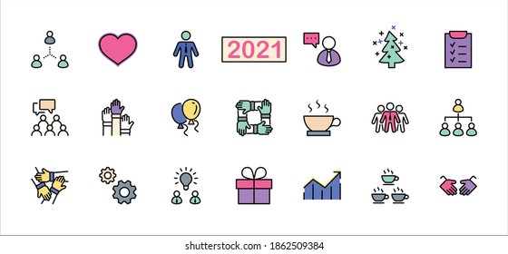 Set of Team Work Related Vector Line Icons. Contains such Icons as Handshake, Check, Idea, Coffee, Gears, Cooperation, Collaboration, Team Meeting and more. Editable Stroke. 32x32 Pixel Perfect