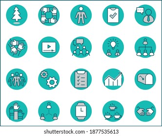 Set of Team Work Related Vector Line Icons. Contains such Icons as Handshake, Check, Idea, Coffee, Gears, Cooperation, Collaboration, Team Meeting and more. Editable Stroke. 32x32 Pixel Perfect