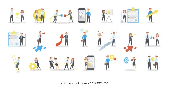 Set of team working together. Group of happy businessmen sharing ideas and making presentation. Business growth and improvement. Isolated vector flat illustration