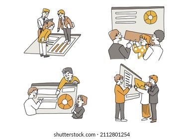 A set of teams that cooperate in website design. Comical handwritten characters. Simple coloring of line drawings.