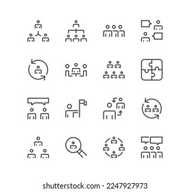 Set of teamwork and business communication related icons collaboration, research, meeting and linear variety vectors.