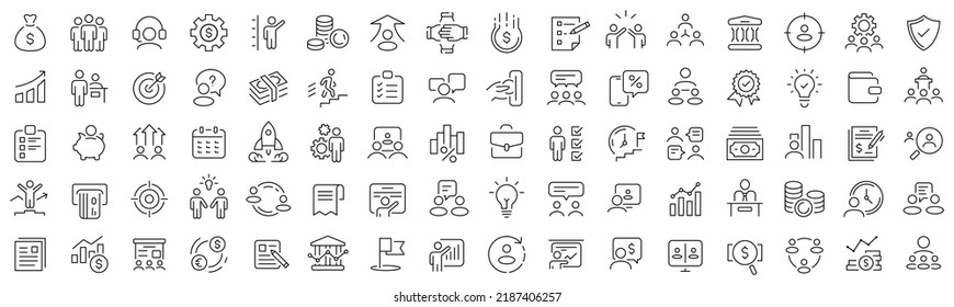 Set of teamwork and business line icons. Collection of black linear icons