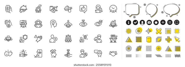 Set of Teamwork chart, Friendship and Share line icons for web app. Design elements, Social media icons. Voicemail, Use gloves, Time hourglass icons. Work home, Smile, Shield signs. Vector