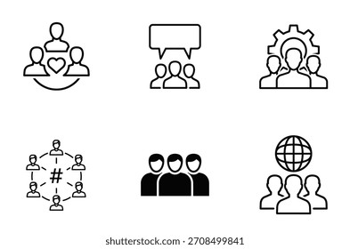 Un conjunto de iconos de trabajo en equipo y comunicación aislados sobre fondo blanco. Incluye personas, equipo, red y otros elementos relacionados. Ilustración vectorial, estilo de arte de línea.