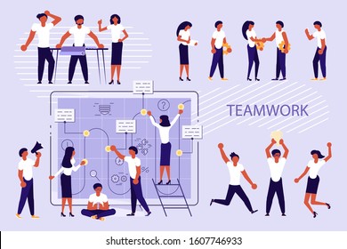 Set of teamwork concept. Workers following after lider, process of creating, discussing idea with chief, celebrating and winning prize isolated. Flat Art Vector Illustration
