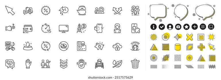 Conjunto de iconos de trabajo en equipo, tensión difícil y línea de tiempo de carga para el App de Web. Elementos de diseño, íconos de redes sociales. Descuento, ataque cibernético, iconos de mano. Vector