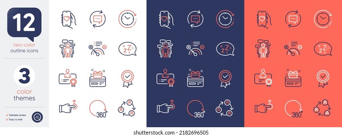 Set of Teamwork, Drag drop and Sleep line icons. Include Loyalty card, Voting campaign, Tested stamp icons. Certificate, 360 degrees, Update comments web elements. Dating app. Vector