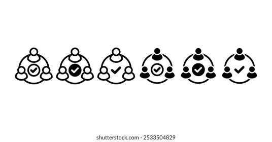 Conjunto de personas de grupo de trabajo en equipo con signo de verificación Icono de flecha redonda Icono de símbolo Diseño de Vector Color blanco negro Ilustración simple aislado