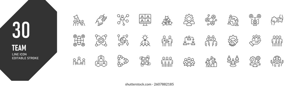 A set of teamwork icons featuring collaboration, communication, and partnership concepts. These linear icons are perfect for website design, marketing materials, and business presentations.