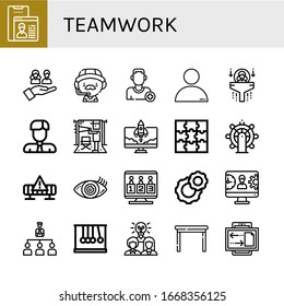 Set of teamwork icons. Such as User, Team, Coach, Add friend, People, Human resources, Businessman, Director, Startup, Puzzle, Leadership, Works, Vision, Candidates , teamwork icons