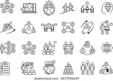 Set of Teamwork Icons. Vector Icons Collaboration, Webinar, Colleague, Team, Teamwork, Presentation, Meeting, Leadership, Brainstorming, and Other