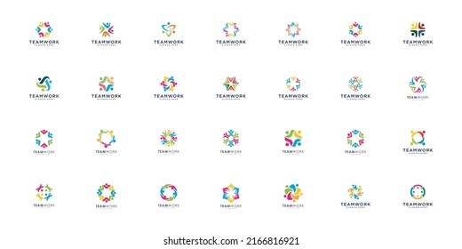 set of teamwork people community logo design