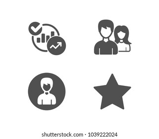 Set of Teamwork, Person and Statistics icons. Star sign. Man with woman, Edit profile, Report charts. Best rank.  Quality design elements. Classic style. Vector