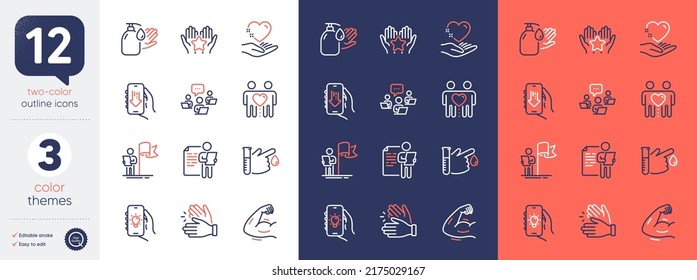 Set of Teamwork, Ranking and Blood donation line icons. Include Leadership, Download app, Strong arm icons. Wash hands, Job interview, Electric app web elements. Clapping hands. Vector