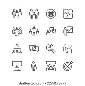 Set of teamwork related icons, research, meeting, collaboration, business management, leader, community, organization, together and linear variety vectors.