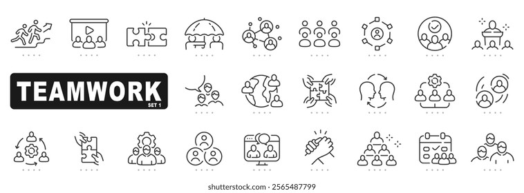 Set of teamwork related line icons. Together, partnership, cooperation etc. Editable stroke.