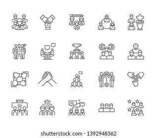 Set of Teamwork Related Vector Line Icons. Includes such Icons as team, result, success, company, team, partners, interview, discussion, decision-making, victory, breakthrough, growth - vector