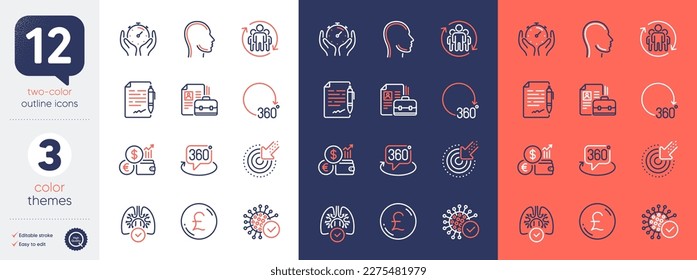 Set of Teamwork, Targeting and 360 degree line icons. Include Lungs, Timer, Agreement document icons. Head, Pound money, Currency rate web elements. Coronavirus, Vacancy, 360 degrees. Vector