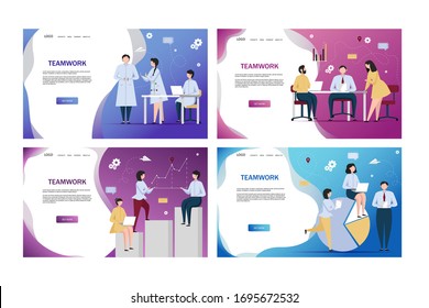 Set of teamwork web page banners design templates. oncept of Team work, Online education, Training, Workshops and scenes at office in flat design