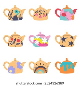 Set of  teapot in cartoon doodle flat style. Element for design, posters, fabric patterns, kitchen decor, cafe, dining room, logo