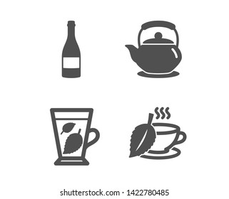 Set of Teapot, Champagne bottle and Mint leaves icons. Mint tea sign. Tea kettle, Anniversary alcohol, Mentha leaf. Mentha beverage.  Classic design teapot icon. Flat design. Vector