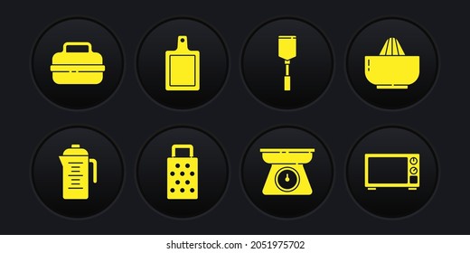 Set Teapot, Citrus fruit juicer, Grater, Scales, Spatula, Cutting board, Microwave oven and Cooking icon. Vector