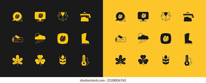 Set Teapot, Clover, Leaf, Wheat, Cloud with rain and sun, Chestnut,  and Location leaf icon. Vector