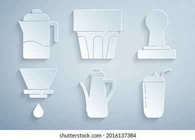 Set Teekanne, Kaffeemaschine, V60 Kaffeemaschine, Milchshake, Glas mit Wasser und französisches Pressesymbol. Vektorgrafik