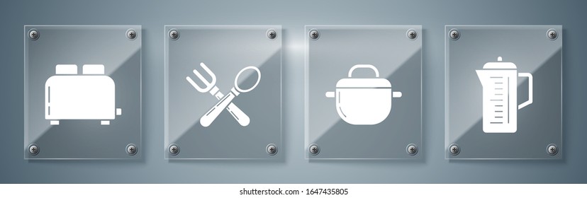 Set Teapot , Cooking pot , Crossed fork and spoon  and Toaster with toasts . Square glass panels. Vector