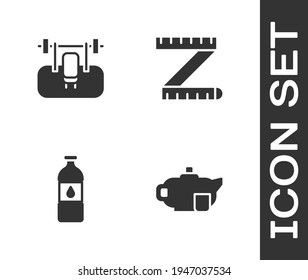 Set Teapot with cup, Bench barbel, Bottle of water and Tape measure icon. Vector