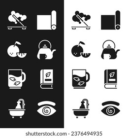 Set Teapot with cup, Citrus fruit, Scented spa stick, Fitness mat roll, Cup of tea and leaf, Medical book, Hypnosis and Bathtub icon. Vector