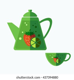 Set of teapot and cup. Strawberry and  lemon. Flat style. 