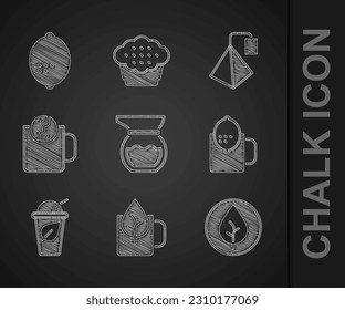 Set Teapot, Cup of tea with leaf, lemon, time, bag and Lemon icon. Vector