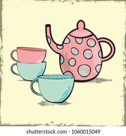 Set with teapot and cup. Vector illustration.Tea time.