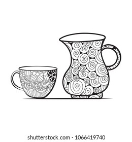 Set with teapot and cup. Vector illustration.Tea time.?oloring book