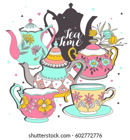Set with teapot and cup. Vector illustration.Tea time.