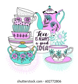 Set with teapot and cup. Vector illustration.Tea time.