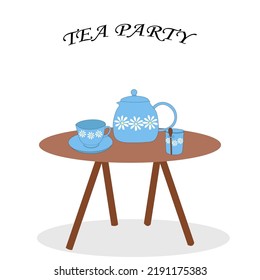 set of teapot teapot and cups of blue flowers on the table.Vector illustration of tea drinking.