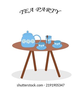 set of teapot teapot and cups of blue flowers on the table.Vector illustration of tea drinking.