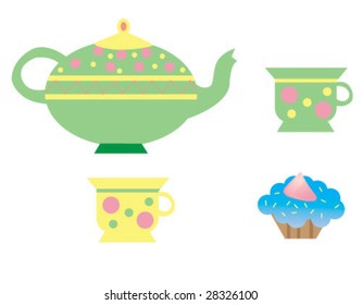 Set of teapot, cups and cupcake. vector illustration