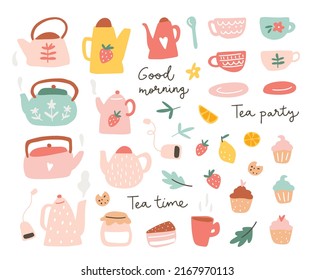 A set with teapot, cups, cupcakes isolated on a white background. Hand drawn flat vector illustration. Tea time lettering typography. Collection of graphic elements for your design.