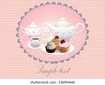Set of teapot and cups and cupcakes. Vector illustration