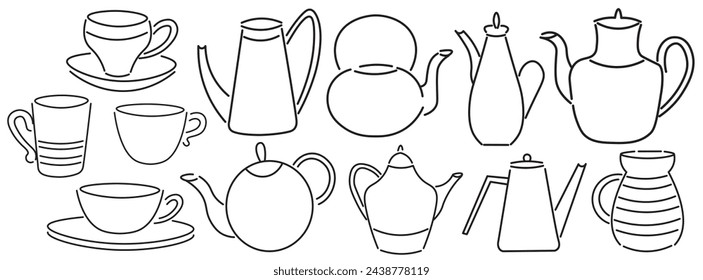 set of teapot and cups in doodle style in vector. template for greeting card design sticker poster