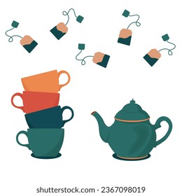 set of teapot and cups, teapot and tea bags. Set of various cups, mugs and teapots for tea. Hand drawn colorful vector illustration. Isolated design elements